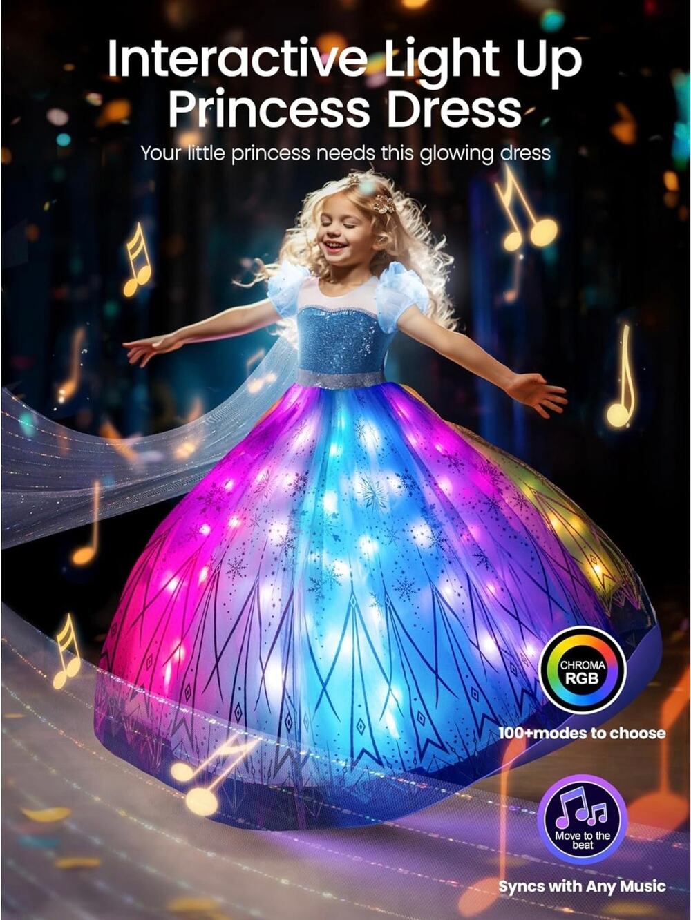 Interactive RGB Light Up Princess Costume Set w/ App & Remote Control Size 4/5